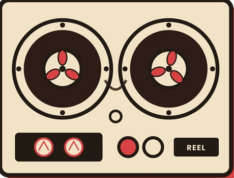 Illustration einer Bandmaschine mit zwei Spulen im Flat-Icon-Stil der Seite.